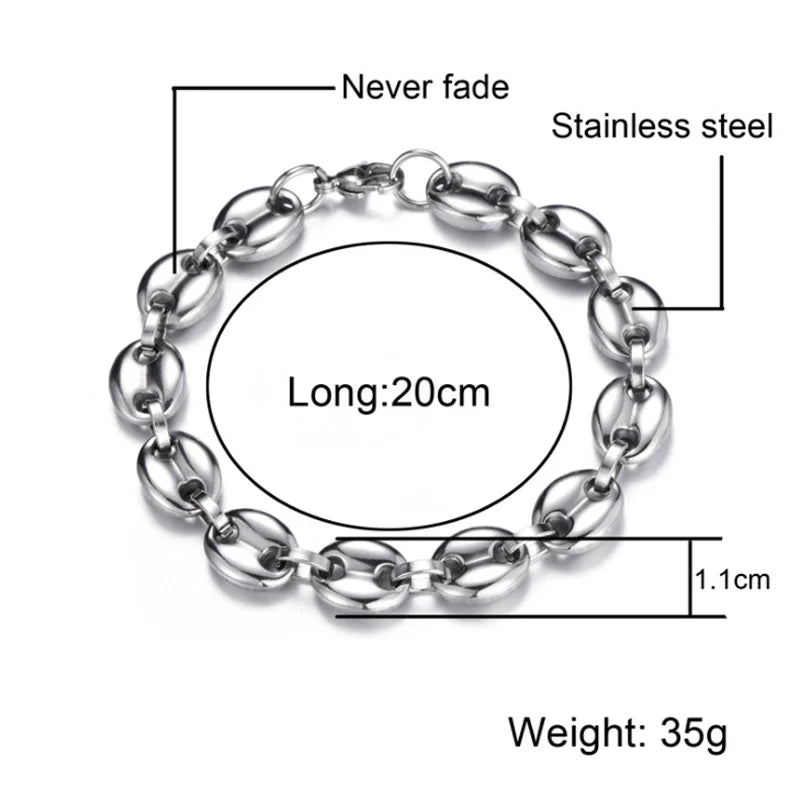 Hiphop Jewelry 11MM No Fade Stainless Steel Coffee Bean Necklace Chain Puffed Mariner Link Gold Chain Necklace