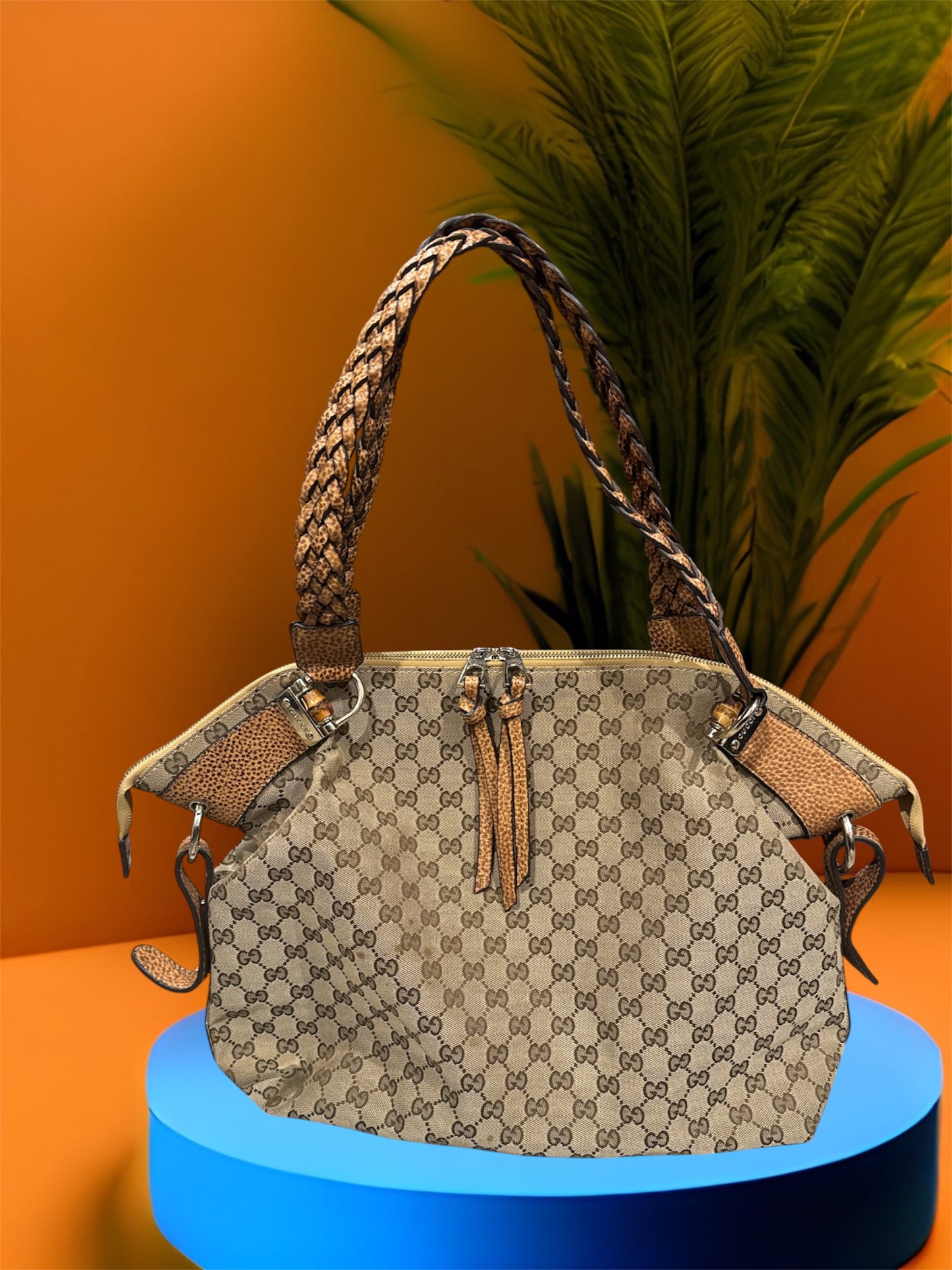 Gucci GG Canvas Bamboo Bar Hobo Bag Braided Strap Vintage