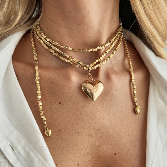KunJoe Fashion Gold Color Love Heart Pendant Necklace Women Vintage Beaded Chain Long Necklace Sweater Chain Jewelry Accessories