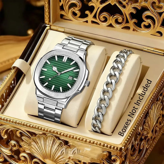 4PCS Set Man Stainless Steel Woman Watch Bracelet Ring Necklace Set Gifts 2PCS Set Choosed Men Business Casual Quartz Watches