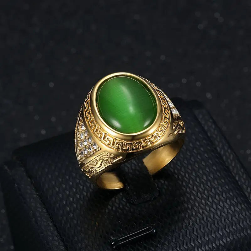 New Men's HIPHOP Gold-Plated Opal Ring Titanium Steel Classic Style Stainless Steel Jewelry for Gift or Party