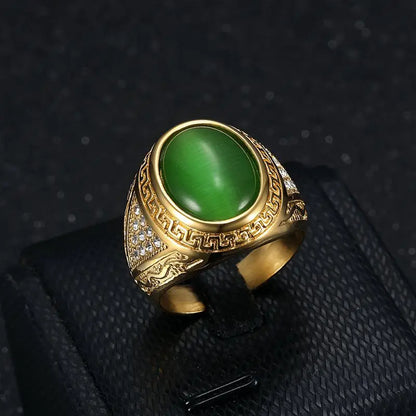 New Men's HIPHOP Gold-Plated Opal Ring Titanium Steel Classic Style Stainless Steel Jewelry for Gift or Party