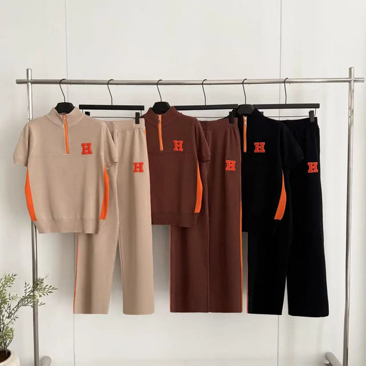 Europe Style Summer Stand Collar Zipper Embroidery Jacquard Short-sleeve Sweatshirt Sports Casual Wide-leg Pants Knitted Set