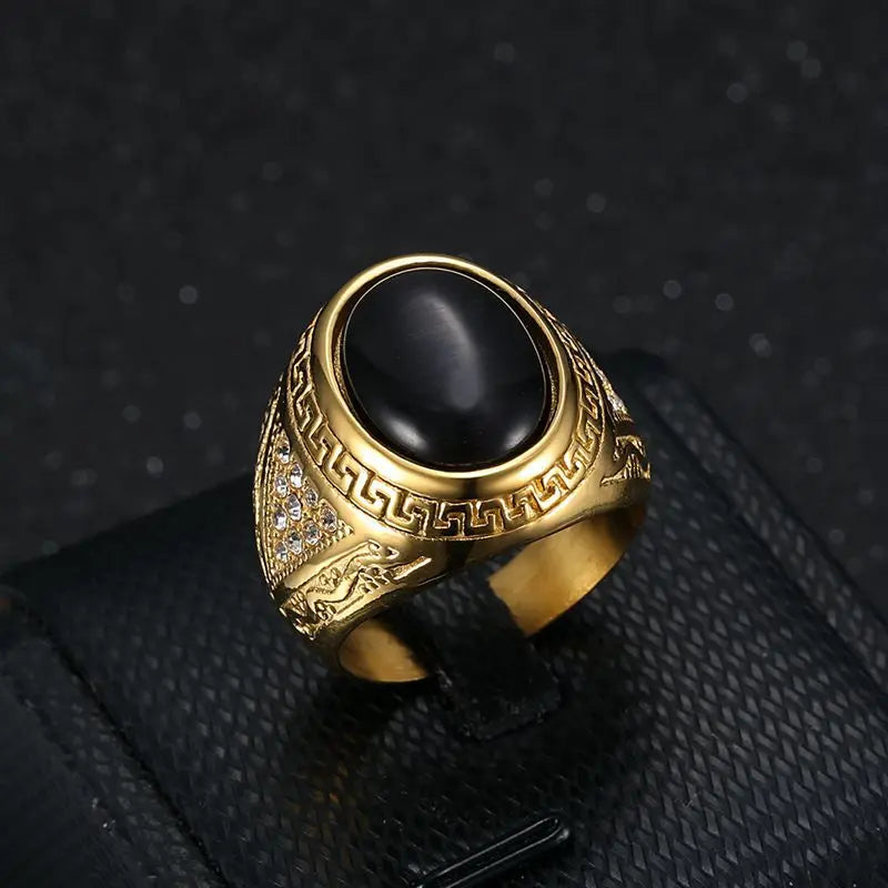 New Men's HIPHOP Gold-Plated Opal Ring Titanium Steel Classic Style Stainless Steel Jewelry for Gift or Party