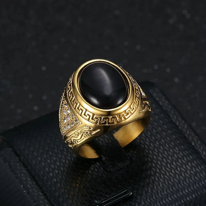 New Men's HIPHOP Gold-Plated Opal Ring Titanium Steel Classic Style Stainless Steel Jewelry for Gift or Party
