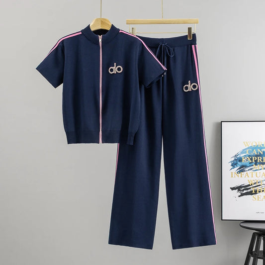 Korean-Style Casual Sportswear Set Women's Summer 2026 New Fashion Short-Sleeve Knitted Set Wide-Leg Pants Two-Piece Set