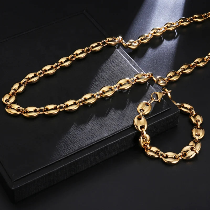 Hiphop Jewelry 11MM No Fade Stainless Steel Coffee Bean Necklace Chain Puffed Mariner Link Gold Chain Necklace