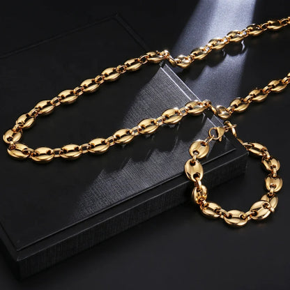 Hiphop Jewelry 11MM No Fade Stainless Steel Coffee Bean Necklace Chain Puffed Mariner Link Gold Chain Necklace