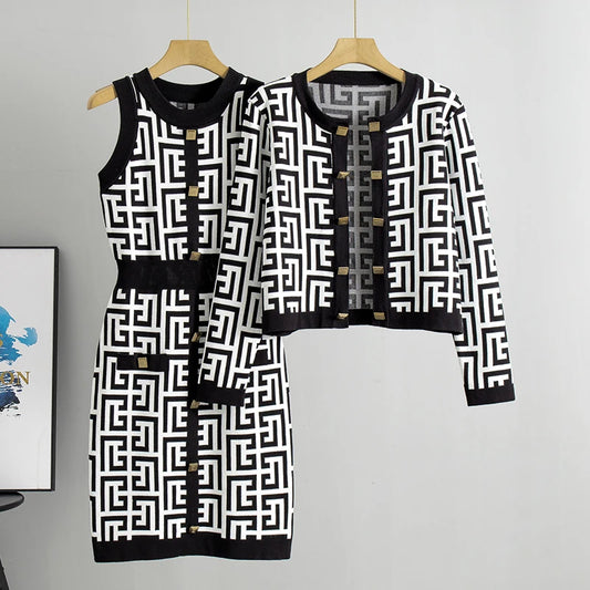 Spring Autumn Women's Elegant Casual Fashion Knitting Suit Temperament Style New Maze Graphic Knitted Two-piece Set
