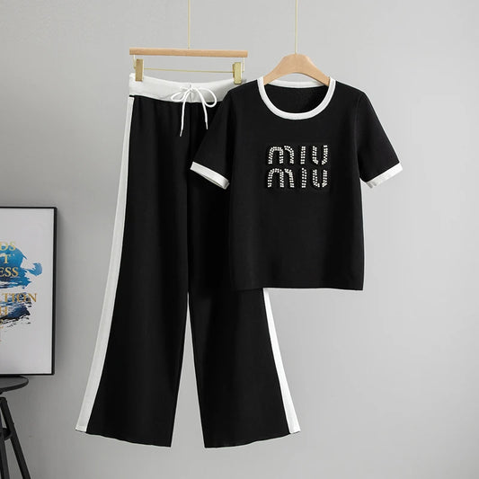 Cross-Border Summer New Fashion Set Women's Striped Beaded Short-Sleeve Top Loose Wide-Leg Pants Casual Long Two-Piece Trendy