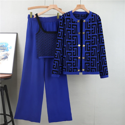 New 2026 European Autumn Chic Solid Loose Design Knit Sweater +Vest+ Pants Women's 3 Pieces Sets Clothing