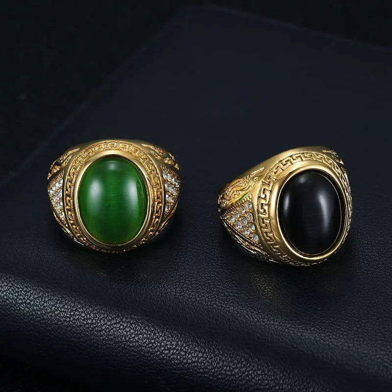 New Men's HIPHOP Gold-Plated Opal Ring Titanium Steel Classic Style Stainless Steel Jewelry for Gift or Party