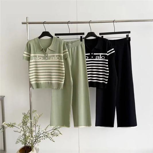 Cross-Border 2026 Summer Korean-Style Striped Loose Polo-Neckline Simple All-Match Short-Sleeve Knitted Top Wide-Leg Pants