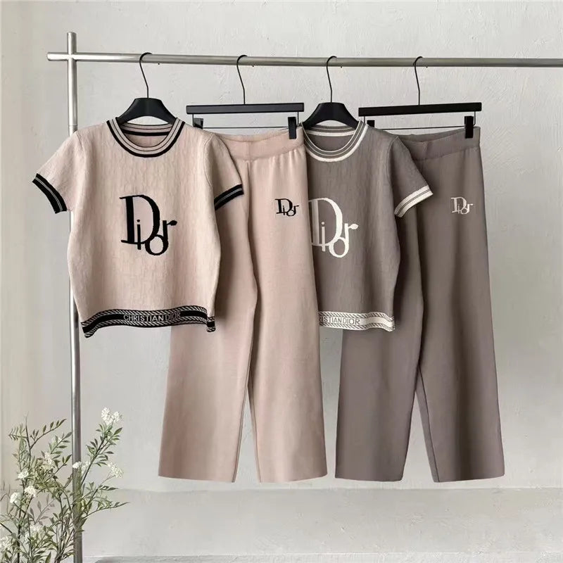 Summer Fashion Knitted Set Women's Crew Neck Youthful-looking Jacquard Pattern Letter Top Loose Pants Casual Two-piece Long