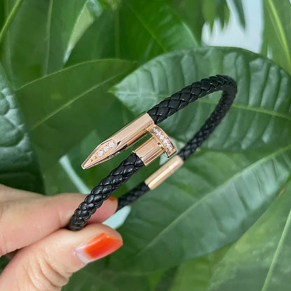 Genuine Cow Leather Stainless Steel IP Plated Gold Silver Black Rose Gold CNC Inlaid Zircon Stone Nail Bracelet for Man Women