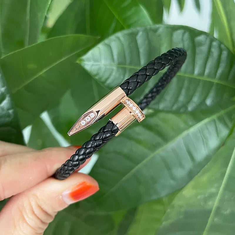 Genuine Cow Leather Stainless Steel IP Plated Gold Silver Black Rose Gold CNC Inlaid Zircon Stone Nail Bracelet for Man Women