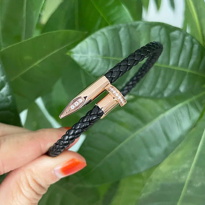 Genuine Cow Leather Stainless Steel IP Plated Gold Silver Black Rose Gold CNC Inlaid Zircon Stone Nail Bracelet for Man Women