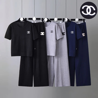 Cross-border 2026 Summer Light Luxury Style Knitted Loose Casual Suit Neck Short Sleeve + Straight Wide Leg Pants Two-piece Set