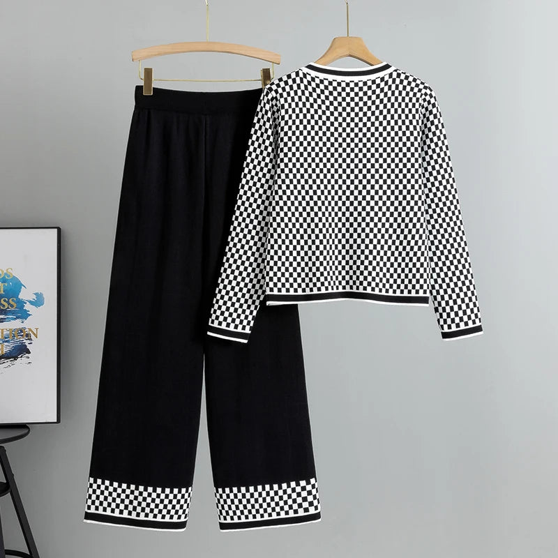 Sweater Manufacture Chic Petite Women's Knitwear Set Slimming Crew Neck Cardigan & Wide-Leg Pants Casual Plaid Pattern Suits