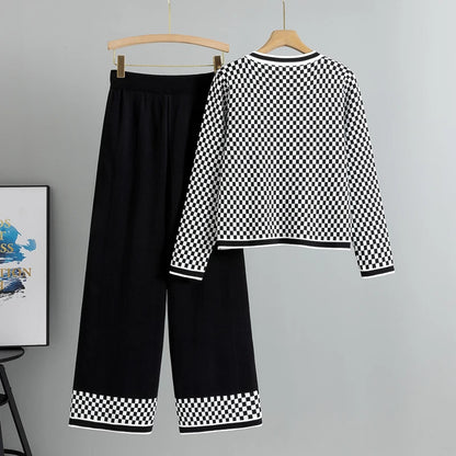 Sweater Manufacture Chic Petite Women's Knitwear Set Slimming Crew Neck Cardigan & Wide-Leg Pants Casual Plaid Pattern Suits