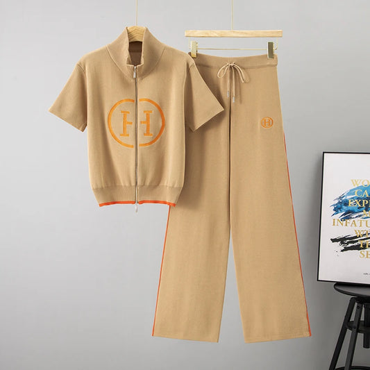 Cross-Border Casual Sportswear Set Women's 2026 Summer New Elegant Loose Short-Sleeve Top Wide-Leg Pants Two-Piece Color