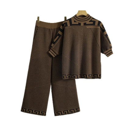 European-Style Wide-Leg Pants Suit Women's Spring/Summer Five-quarter Sleeve Embroidery Jacquard Striped Knitted Top Casual Set
