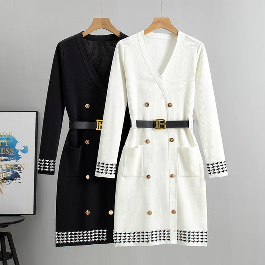 2026 Spring and Autumn Classic Knitted Dresses Women Elegant Button-Knit Dress Long Sleeve Sweater Dress