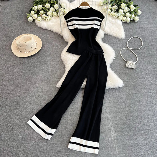 Women's 2 Piece Knit Outfit Striped Sleeveless Top & Wide Leg Pants Set Casual Elegant