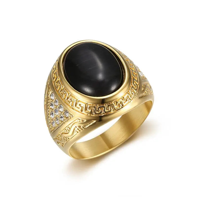 New Men's HIPHOP Gold-Plated Opal Ring Titanium Steel Classic Style Stainless Steel Jewelry for Gift or Party