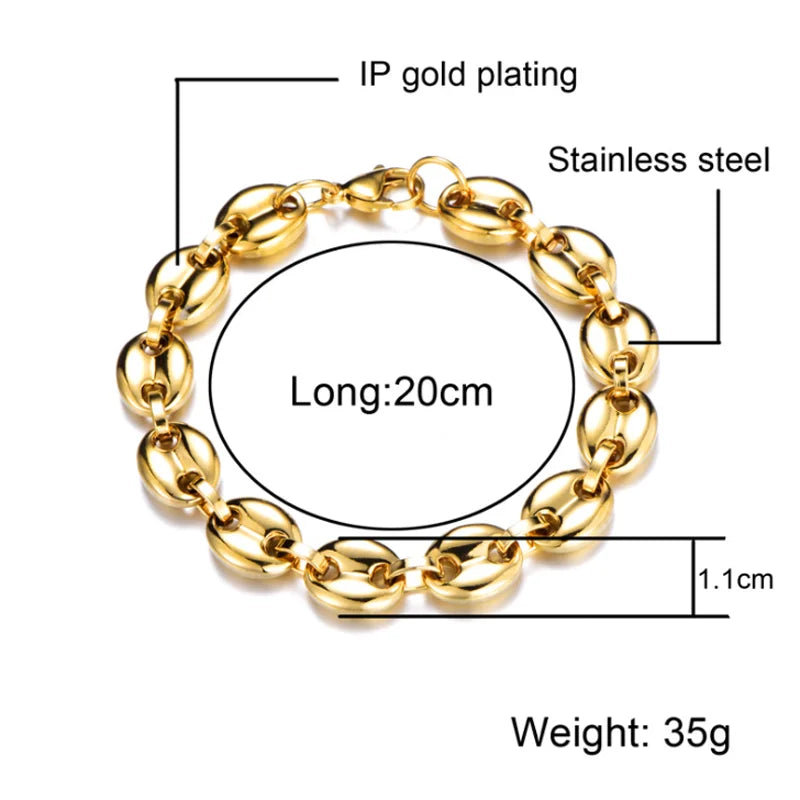 Hiphop Jewelry 11MM No Fade Stainless Steel Coffee Bean Necklace Chain Puffed Mariner Link Gold Chain Necklace