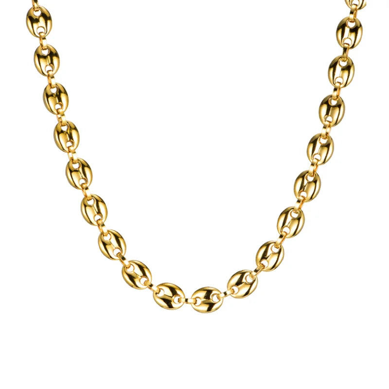 Hiphop Jewelry 11MM No Fade Stainless Steel Coffee Bean Necklace Chain Puffed Mariner Link Gold Chain Necklace
