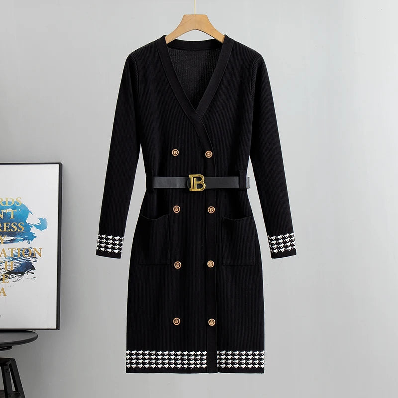 2026 Spring and Autumn Classic Knitted Dresses Women Elegant Button-Knit Dress Long Sleeve Sweater Dress
