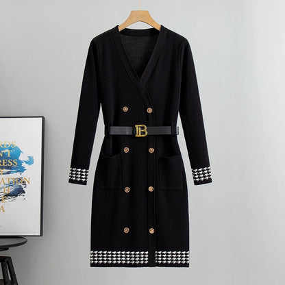 2026 Spring and Autumn Classic Knitted Dresses Women Elegant Button-Knit Dress Long Sleeve Sweater Dress