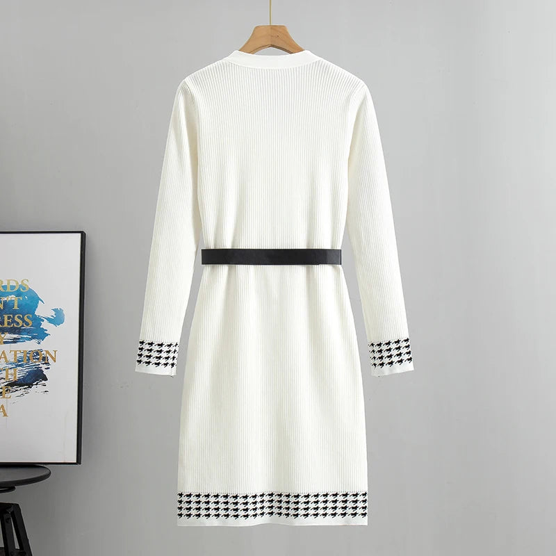 2026 Spring and Autumn Classic Knitted Dresses Women Elegant Button-Knit Dress Long Sleeve Sweater Dress
