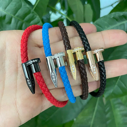 Genuine Cow Leather Stainless Steel IP Plated Gold Silver Black Rose Gold CNC Inlaid Zircon Stone Nail Bracelet for Man Women