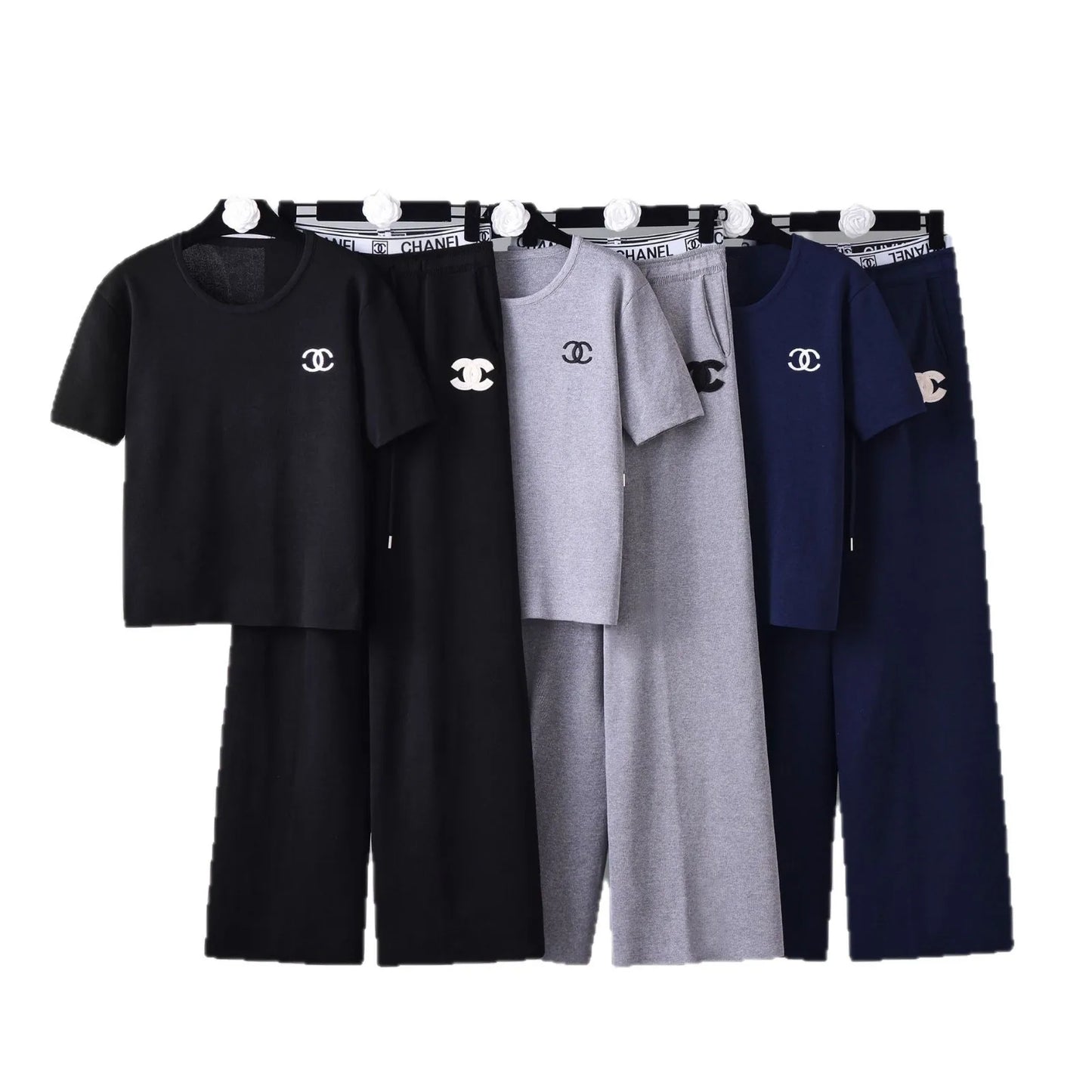 Cross-border 2026 Summer Light Luxury Style Knitted Loose Casual Suit Neck Short Sleeve + Straight Wide Leg Pants Two-piece Set