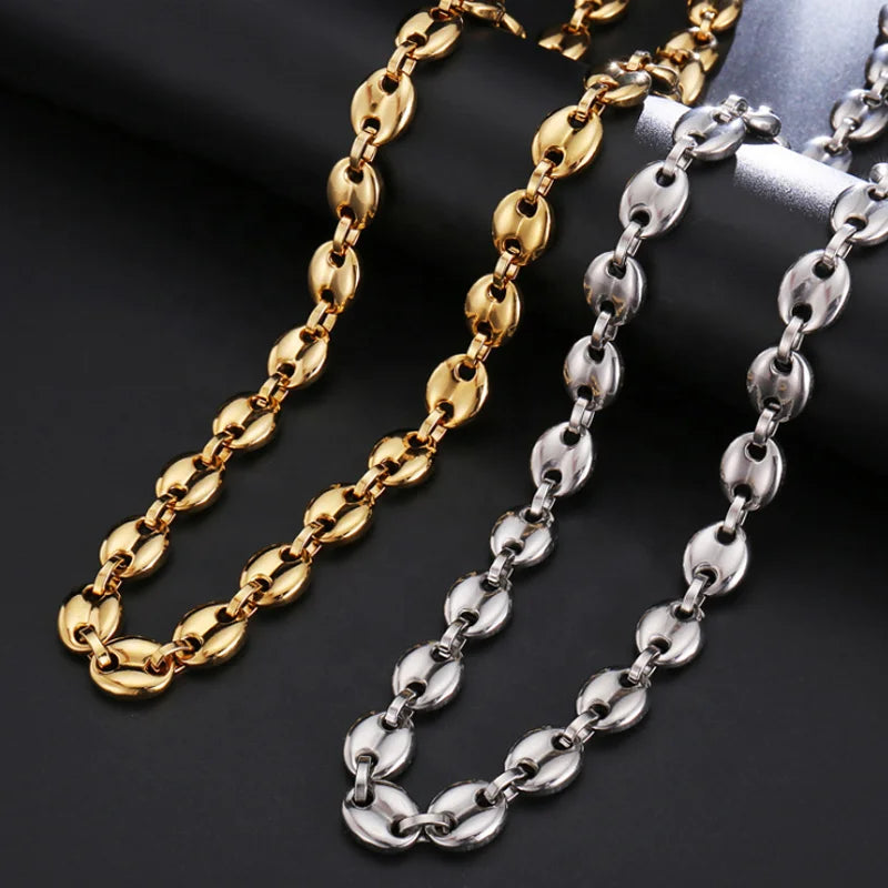 Hiphop Jewelry 11MM No Fade Stainless Steel Coffee Bean Necklace Chain Puffed Mariner Link Gold Chain Necklace