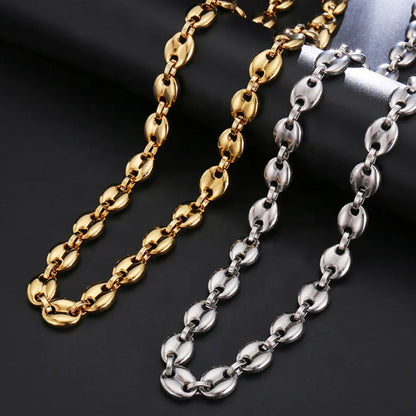 Hiphop Jewelry 11MM No Fade Stainless Steel Coffee Bean Necklace Chain Puffed Mariner Link Gold Chain Necklace