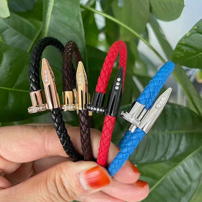 Genuine Cow Leather Stainless Steel IP Plated Gold Silver Black Rose Gold CNC Inlaid Zircon Stone Nail Bracelet for Man Women