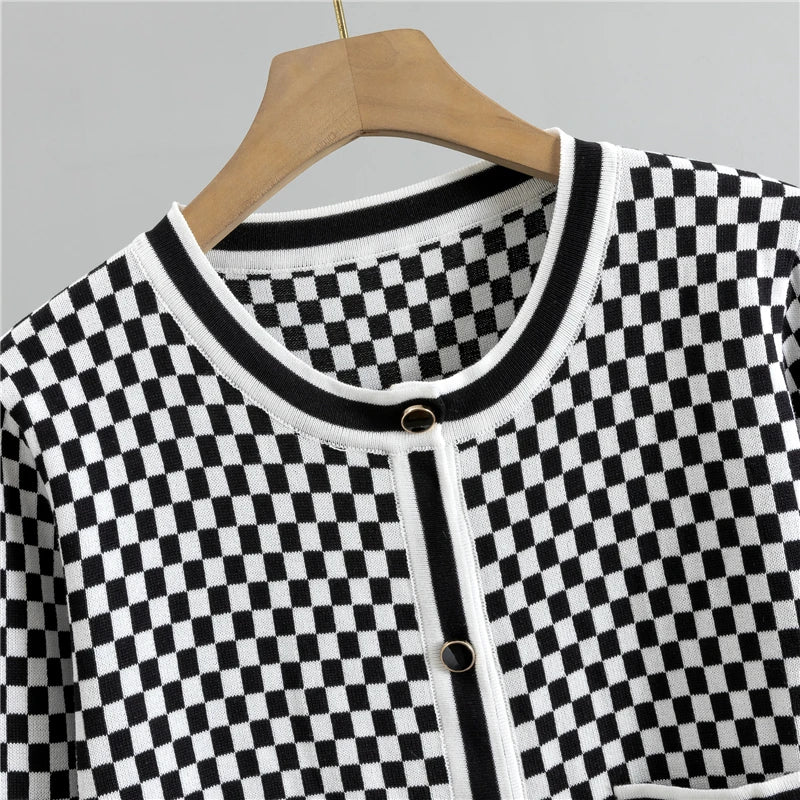 Sweater Manufacture Chic Petite Women's Knitwear Set Slimming Crew Neck Cardigan & Wide-Leg Pants Casual Plaid Pattern Suits