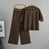 European-Style Wide-Leg Pants Suit Women's Spring/Summer Five-quarter Sleeve Embroidery Jacquard Striped Knitted Top Casual Set