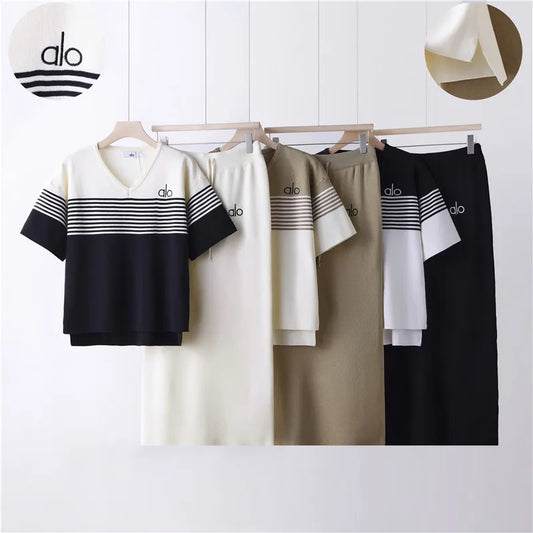 2026 Summer New Fashion Striped Short Sleeve V-neck T-shirt Set + Casual Skirt Knitted Two-piece Set for Women Viscose Fiber