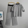 European-Style Wide-Leg Pants Suit Women's Spring/Summer Five-quarter Sleeve Embroidery Jacquard Striped Knitted Top Casual Set