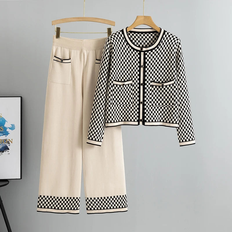 Sweater Manufacture Chic Petite Women's Knitwear Set Slimming Crew Neck Cardigan & Wide-Leg Pants Casual Plaid Pattern Suits