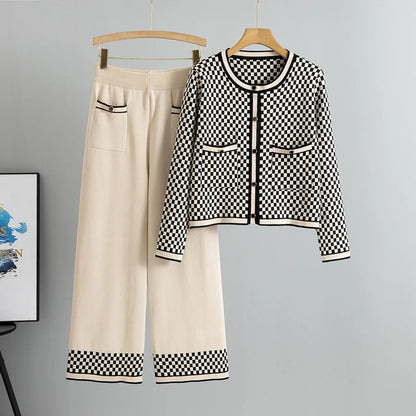 Sweater Manufacture Chic Petite Women's Knitwear Set Slimming Crew Neck Cardigan & Wide-Leg Pants Casual Plaid Pattern Suits