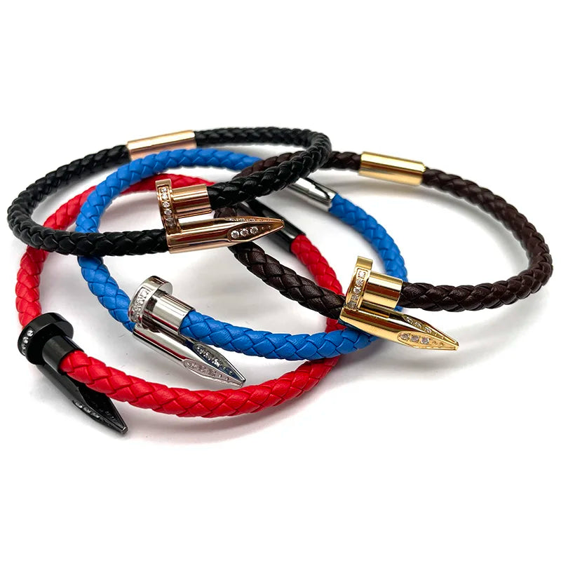 Genuine Cow Leather Stainless Steel IP Plated Gold Silver Black Rose Gold CNC Inlaid Zircon Stone Nail Bracelet for Man Women