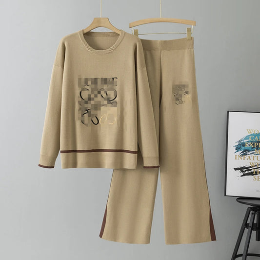 LOEWE 2026 Autumn Winter New Women's Loose Knitted Sweater Set Casual Embroidery Knitted Cardigan Loose Wide-Leg Pants Two-Piece Set