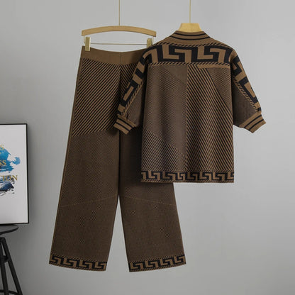 European-Style Wide-Leg Pants Suit Women's Spring/Summer Five-quarter Sleeve Embroidery Jacquard Striped Knitted Top Casual Set
