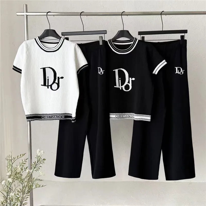 Summer Fashion Knitted Set Women's Crew Neck Youthful-looking Jacquard Pattern Letter Top Loose Pants Casual Two-piece Long