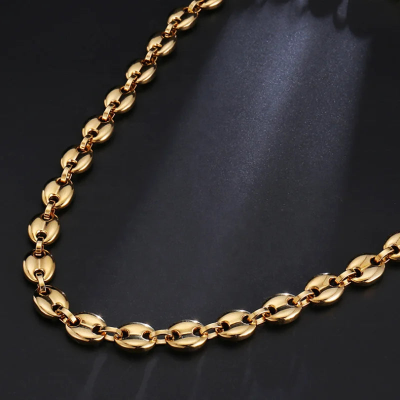 Hiphop Jewelry 11MM No Fade Stainless Steel Coffee Bean Necklace Chain Puffed Mariner Link Gold Chain Necklace